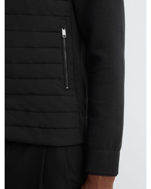 Reiss Black Quilted Hybrid Hooded Zip-Front Jacket for men