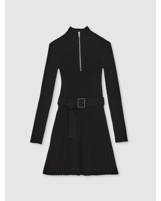 Reiss Vienna - Black Rib-knit Belted Half-zip Flippy Dress, Xs (us 2)