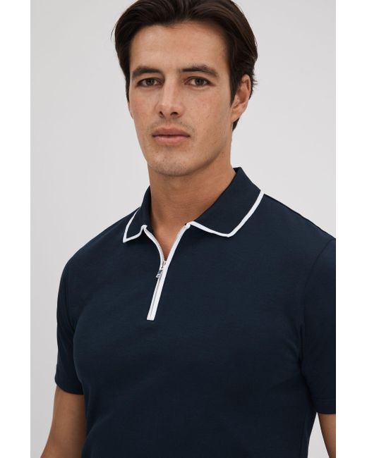 Reiss Blue Cannes - Navy Cotton Contrast Collar Half-zip Polo Shirt for men