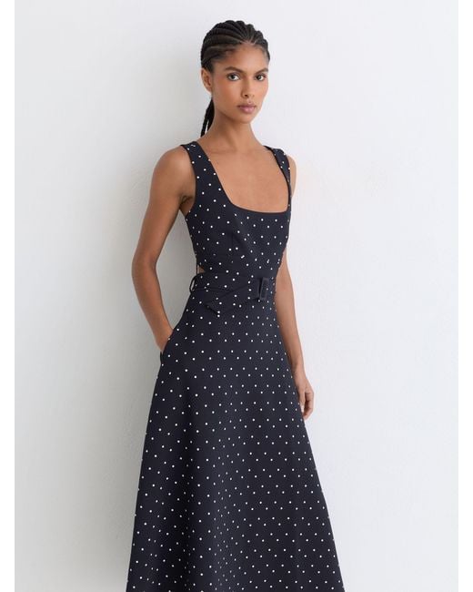 Reiss Blue Polka Dot-Print Belted Midi Dress