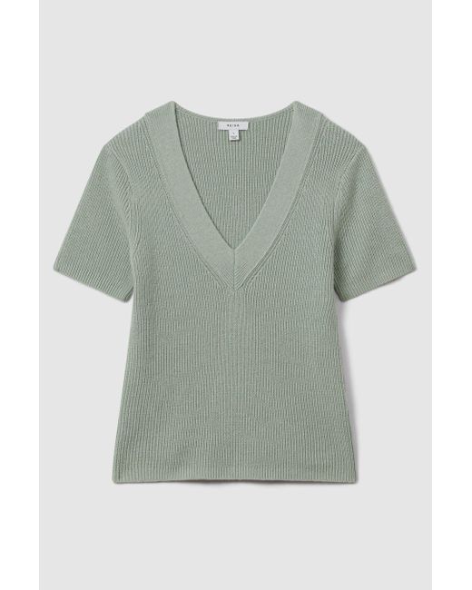 Reiss Green Rosie - Sage Cotton Blend Knitted V-neck Top, M