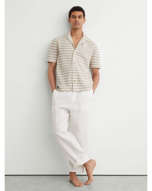 Reiss White Oatmeal Striped Crochet Cuban-Collar Shirt for men