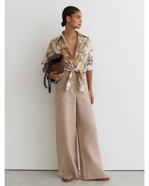 Reiss Natural Cece - Neutral Cotton Safari-print Tie-front Shirt, Us 12