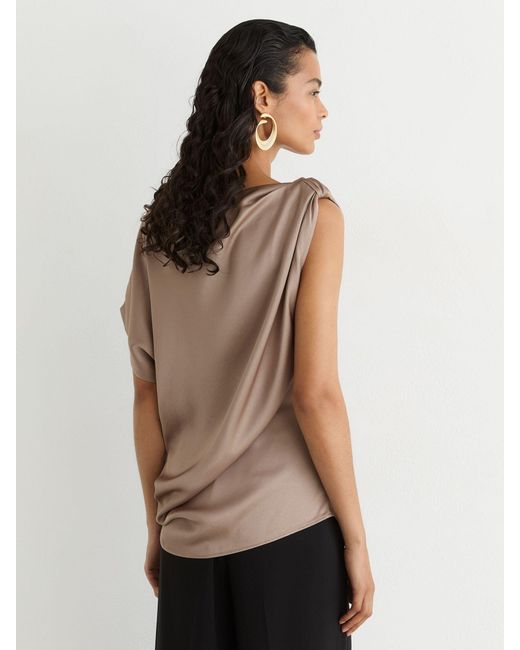 Reiss Brown Satin Draped One-Shoulder Top