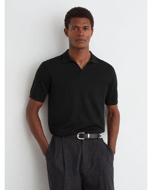 Reiss Black Merino Wool Open Collar Polo Shirt for men