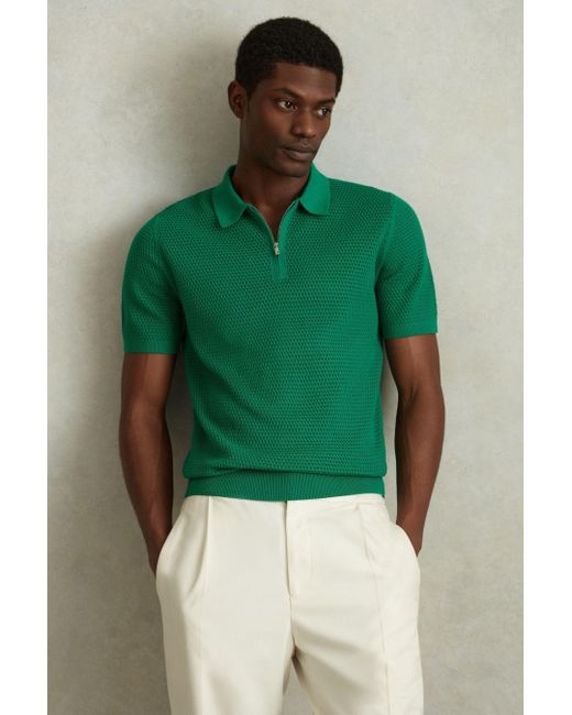 Reiss Burnham - Bright Green Cotton Blend Textured Half Zip Polo Shirt, Xl for men