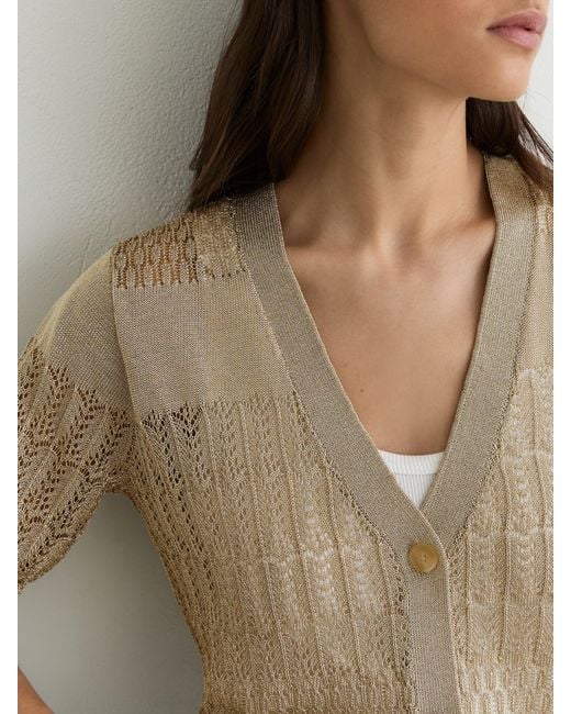 Reiss Suzanne - Gold Metallic Pointelle-knit Cardigan, Xl (us 16-18)