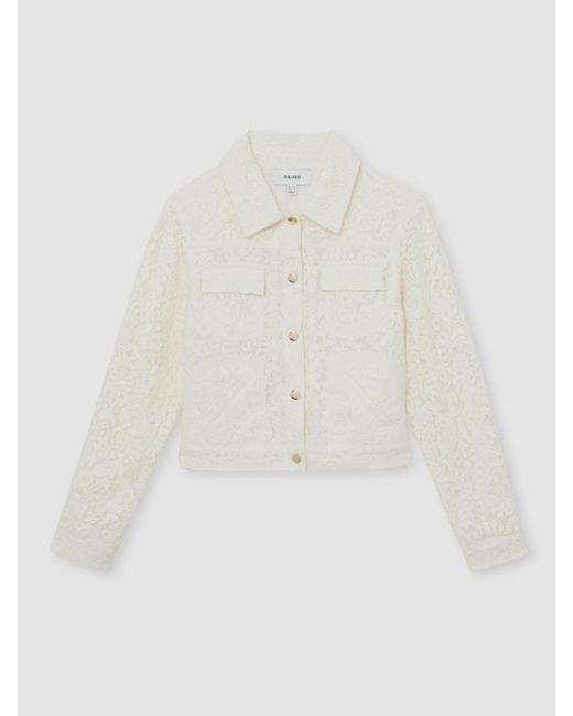 Reiss Natural Lori - White Collared Lace Press-stud Jacket, Us 10