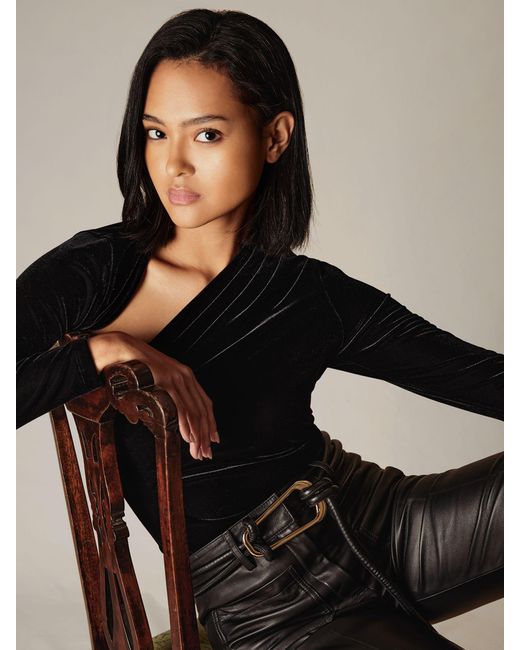 Reiss Black Velvet Cut-Out Long-Sleeve Top