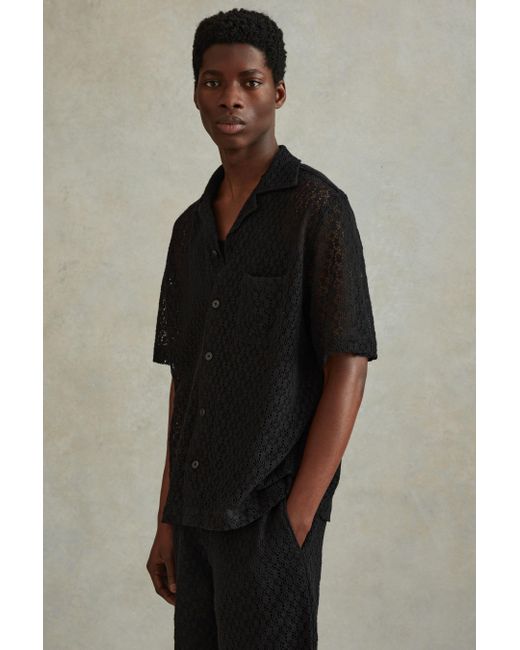 Reiss Elvis - Black Cotton Blend Crochet Cuban Collar Shirt for men