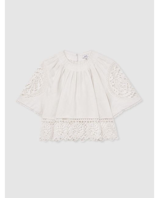 Reiss Brown Linen Embroidered Swing Top