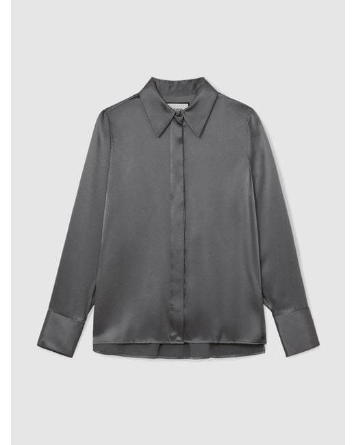 Reiss Gray Silk-Satin Concealed-Placket Shirt