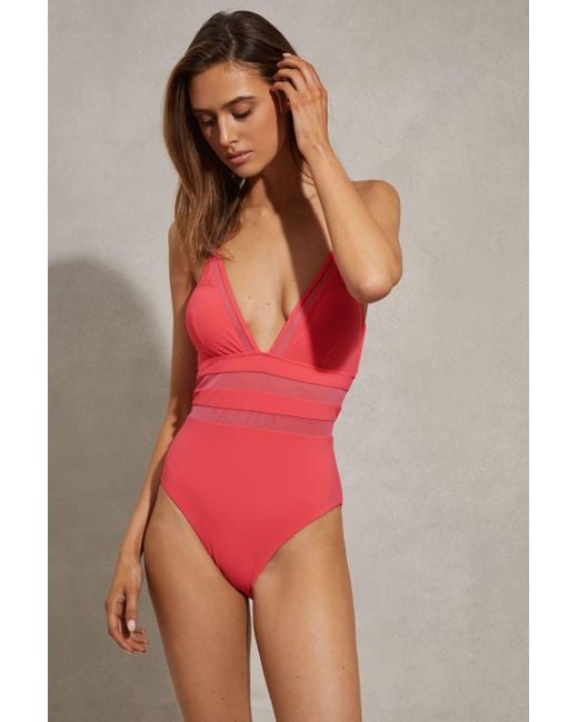 Reiss Red Hope - Coral Mesh Tie Back Swimsuit
