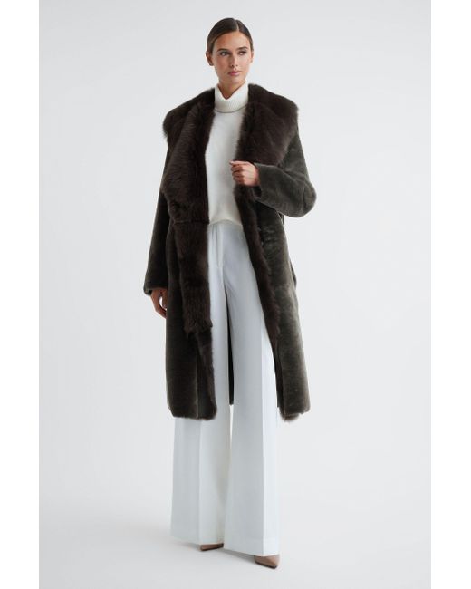 Reiss White Dahlia - Brown Reversible Longline Leather Shearling Coat