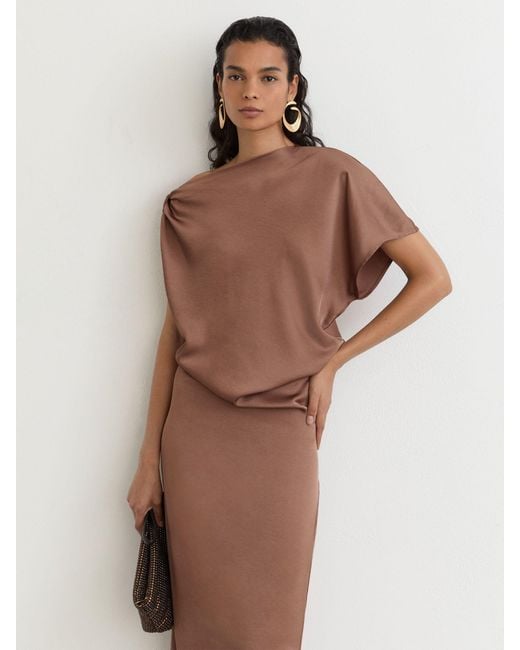 PAIGE Brown Satin Asymmetric Draped Maxi Dress