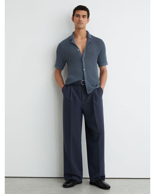 Reiss Blue Open-Knit Button-Through Shirt for men