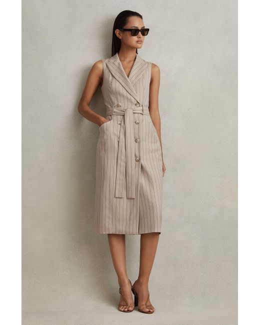 Reiss Natural Andie - Neutral Wool Blend Striped Double Breasted Midi Dress