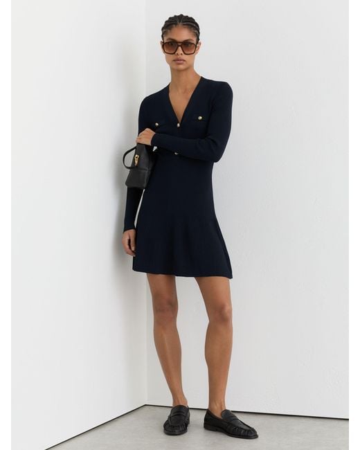 Reiss Blue Knitted Button-Detail Mini Dress