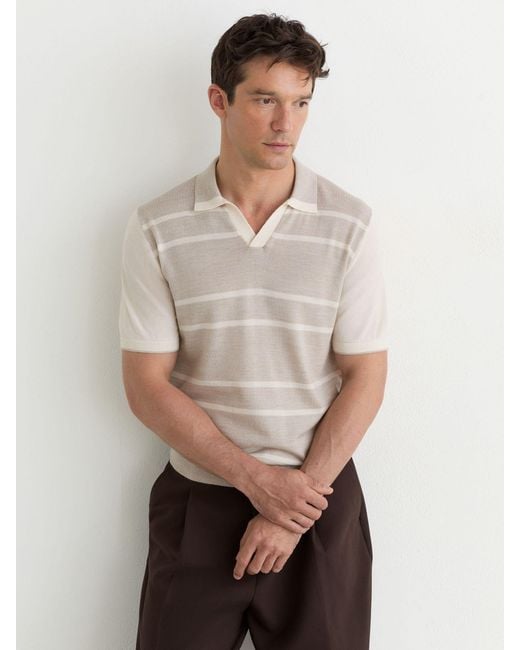 Reiss White Oatmeal & Merino Wool Striped-Knit Polo Jumper for men