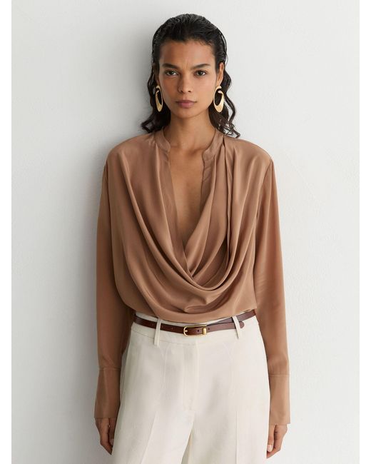 Reiss Brown Matte Silk Draped Shirt