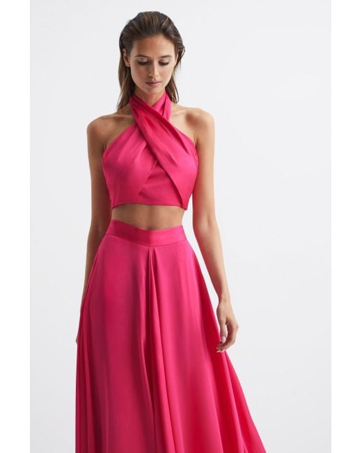 Reiss Ruby - Pink Cropped Halter Occasion Top, Us 14