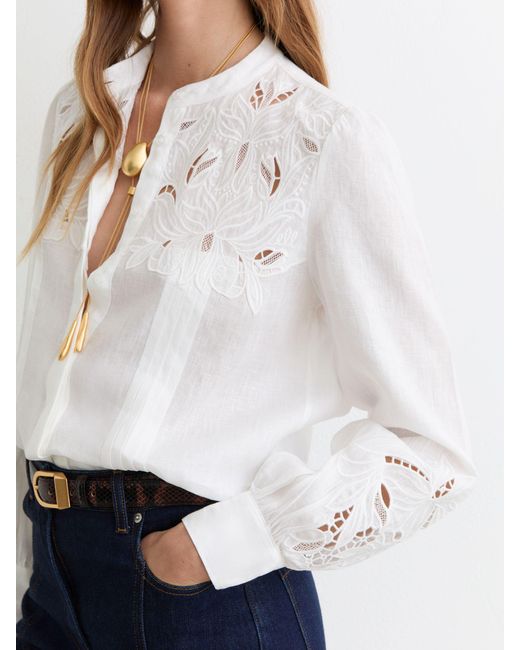 Reiss White Linen Embroidered Blouse