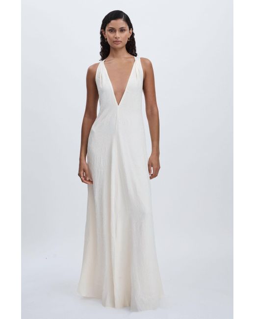 Significant Other White Crinkle-Satin Deep-V Maxi Dress