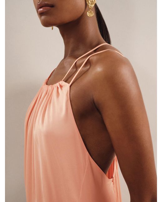 Reiss Brown Tallie - Peach Petite Satin Halterneck Maxi Dress, Us 10