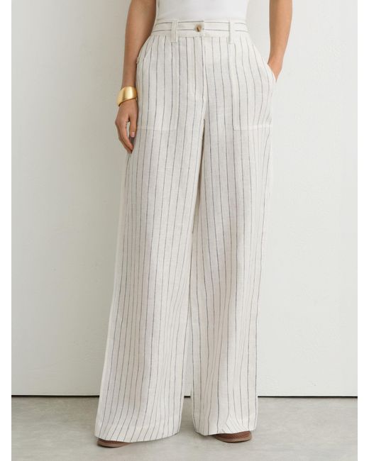 Reiss White Linen Pinstripe Wide-Leg Trousers