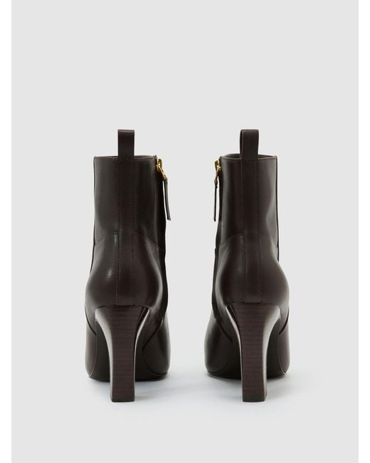 Reiss Brown Leather Chisel-Toe Block-Heel Ankle Boots