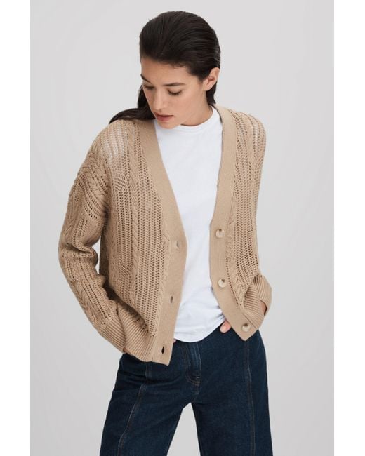 Reiss Blue Tiffany - Neutral Cotton Blend Open Stitch Cardigan, L