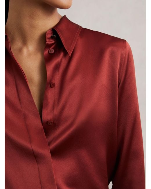 Reiss Red Silk-Satin Concealed-Placket Shirt