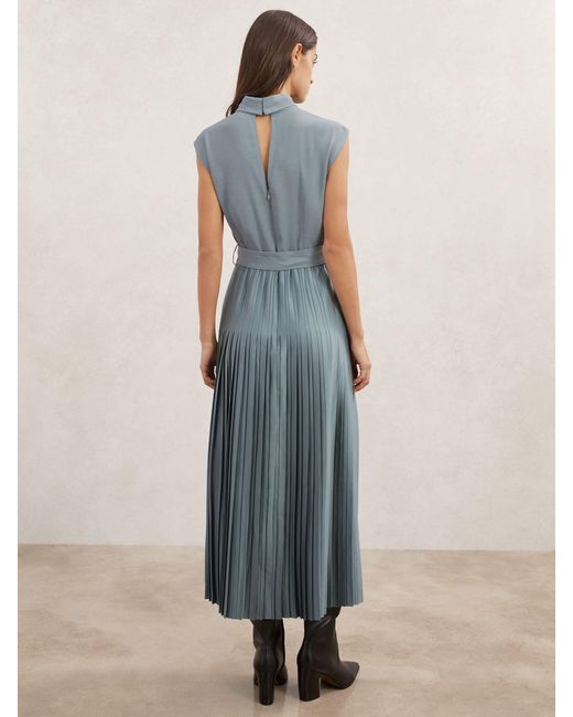 Reiss Blue Pleated Roll Neck Belted Midi Dress