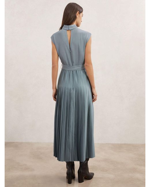 Reiss Blue Roll-Neck Belted Pleated Midi Dress