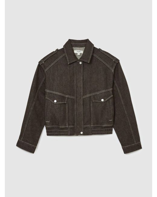 Reiss Brown Petite Relaxed Denim Bomber Jacket