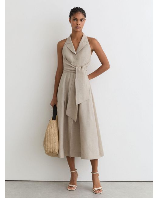 Reiss Natural Tara Neutral Linen Tie-Waist Tailored Midi Dress