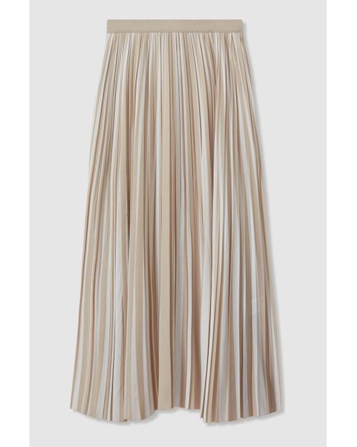 Reiss Natural Lexie - Neutral Striped Pleated Midi Skirt