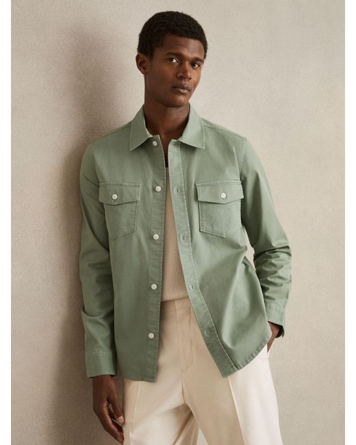 Reiss Green Cotton Twill Twin Pocket Overshirt With Stretch for men
