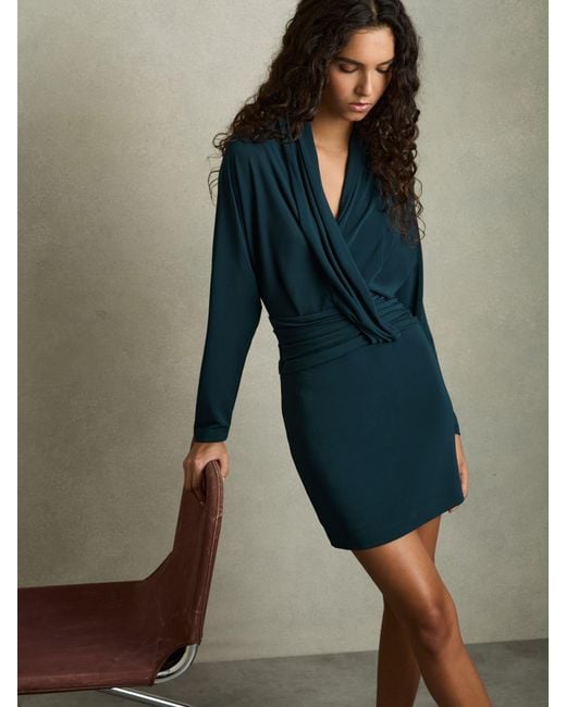 Reiss Blue Draped-Front Jersey Mini Dress