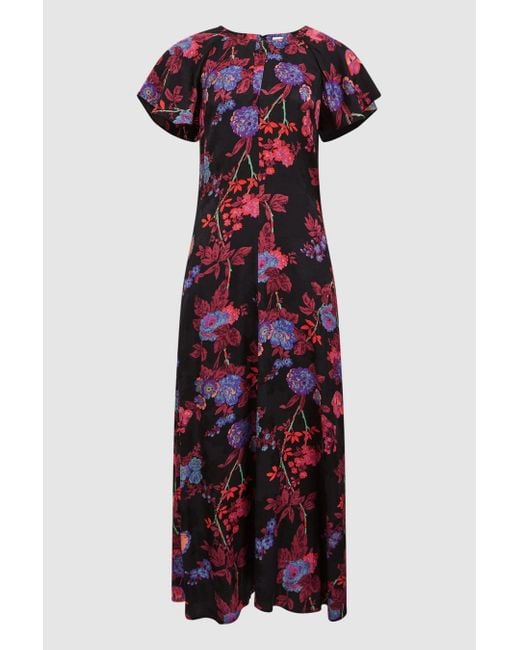 Reiss Purple Eleni - Black/pink Leni Fitted Floral Print Midi Dress, Us 12