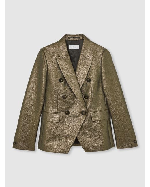 Reiss Green Sienna Double-Breasted Metallic Suit Blazer With Cotton