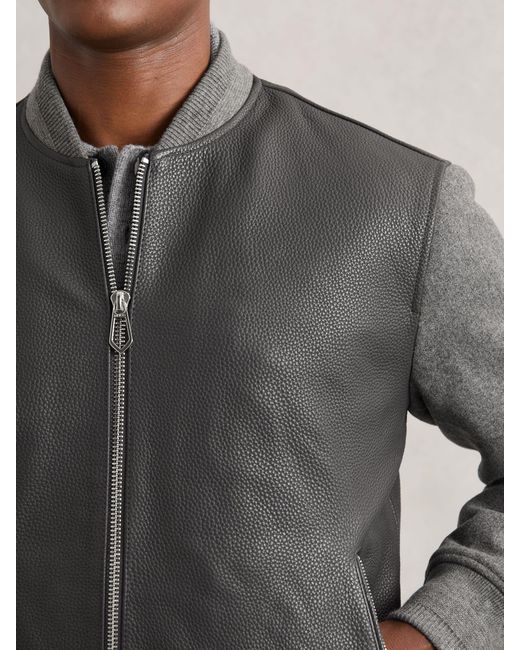Reiss Gray Leather Contrast-Sleeve Bomber Jacket for men