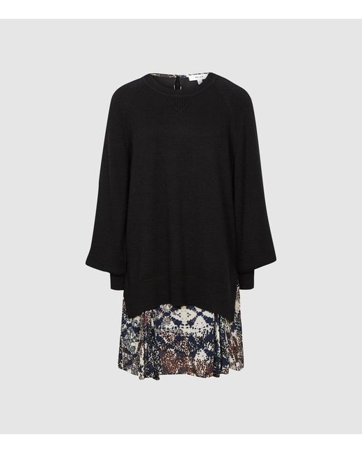Reiss Black Mia - 2-in-1 Fine-knit Jumper & Printed Dress