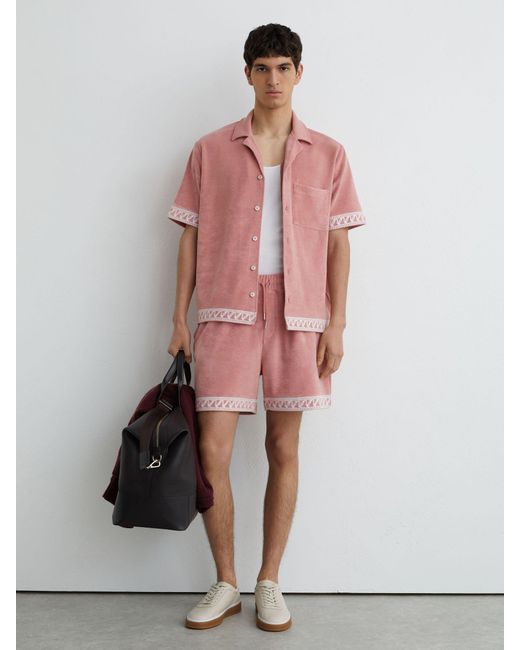 Reiss Yuma - Soft Pink Cotton-blend Towelling Embroidered Shorts, M for men