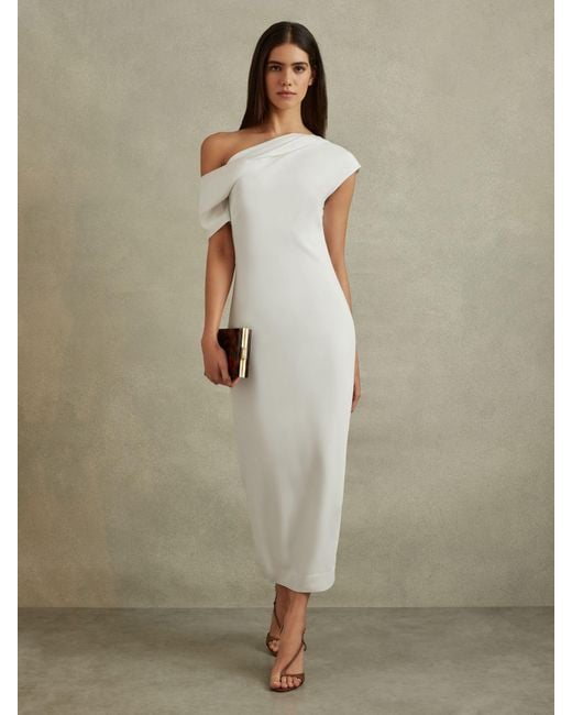 Reiss Natural Laurey - Ivory Draped Bodycon Midi Dress