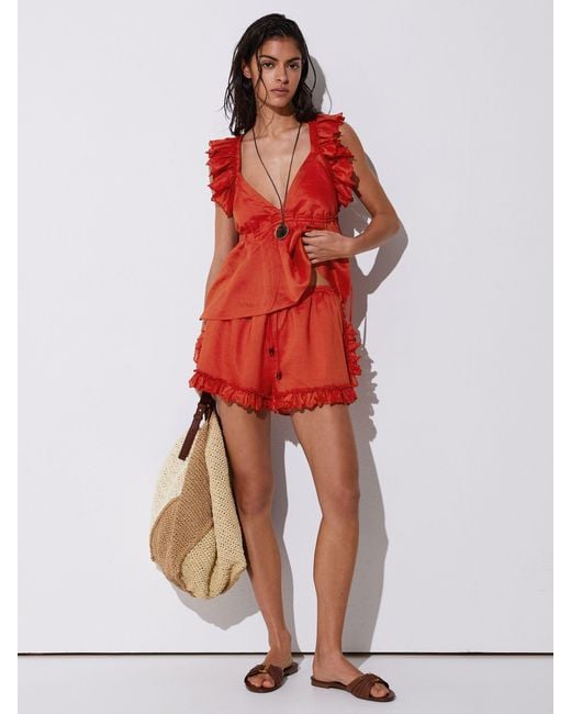 Reiss Red Brook - Orange Ruffle-trim Drawstring Shorts, Us 0