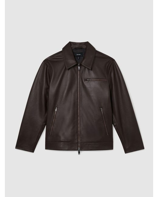 Reiss Black Leather Zip-Through Jacket for men