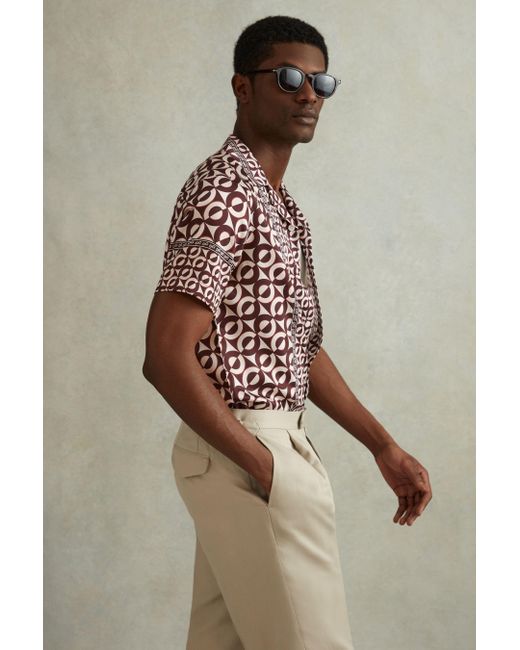 Reiss Natural Prentice - Tobacco Geometric Print Cuban Collar Shirt for men