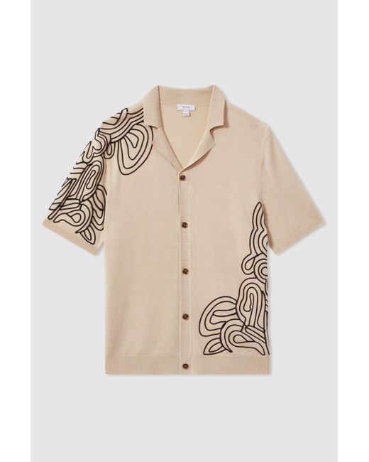 Reiss Natural Romance - Cream Jersey Embroidered Cuban Collar Shirt, Xl for men