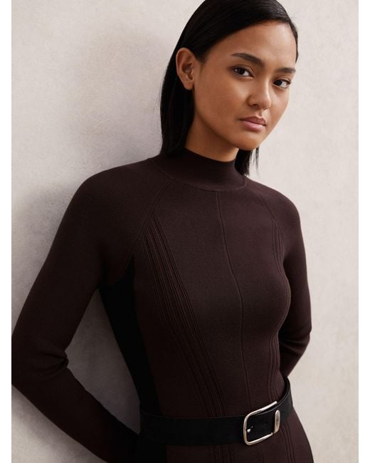 Reiss Zaya - Plum Purple/black Petite Knitted Contrast-panel Midi Dress, L (us 12-14)